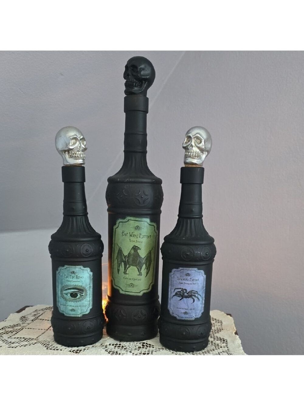 Three Black Glass Gothic Witch Tincture Potion Bottles With Skull Cork Stoppers